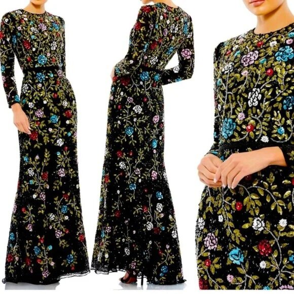 NWT Mac Duggal Black Floral Embellished Long Sleeve Gown Size 12 Sequins Formal - Picture 1 of 16
